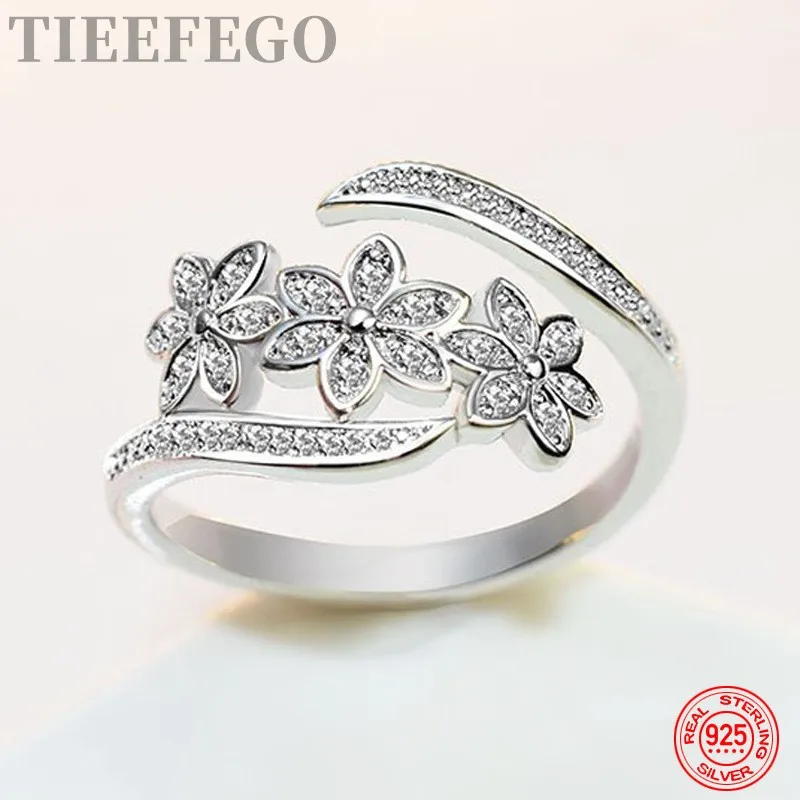 

TIEEFEGO 925 Sterling Silver Fashion Adjustable Open CZ Flowers Ring For Women Temperament Jewelry Accessories Gift