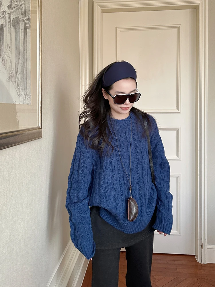 

Thi Warm Klein Blue Knitted Sweater Lazy Sle Winter Faion Women's Camere Wool Blend Long Sve round Ne Top