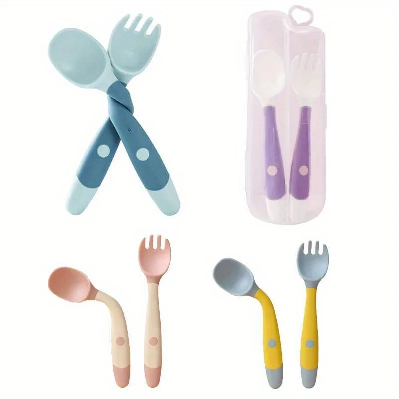 Spoon Fork Set Soft Bendable Silicone Scoop Fork Kit Tableware Toddler Training Feeding Cutlery Utensil