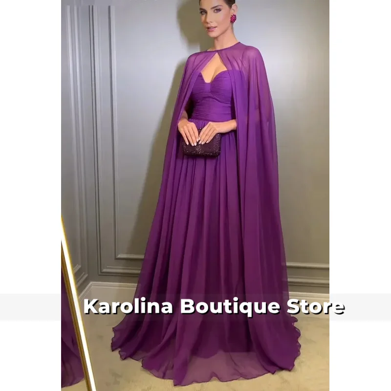 

Customized Elegant Long Purple Party Evening Dresses with Cape A-Line Pleated Floor Length Formal Prom Dress for Women