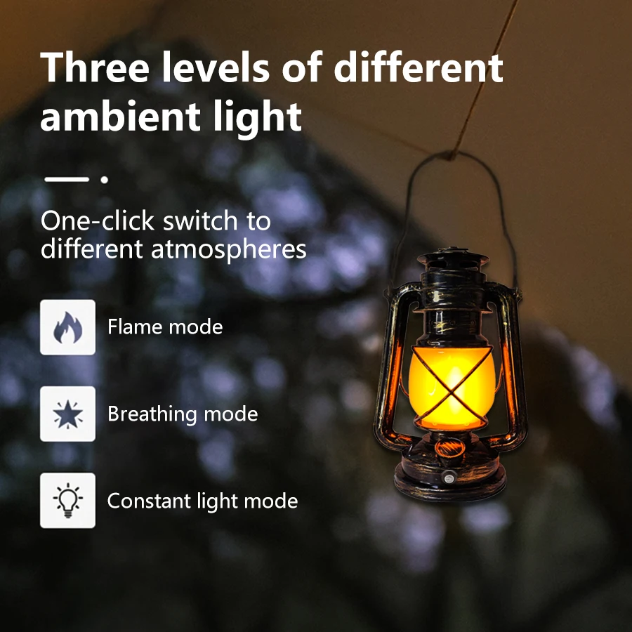 Rechargeable Retro LED Portable Lanterns Hanging Travel Camping Lamp Waterproof 3 Lighting Modes Vintage Atmosphere Light