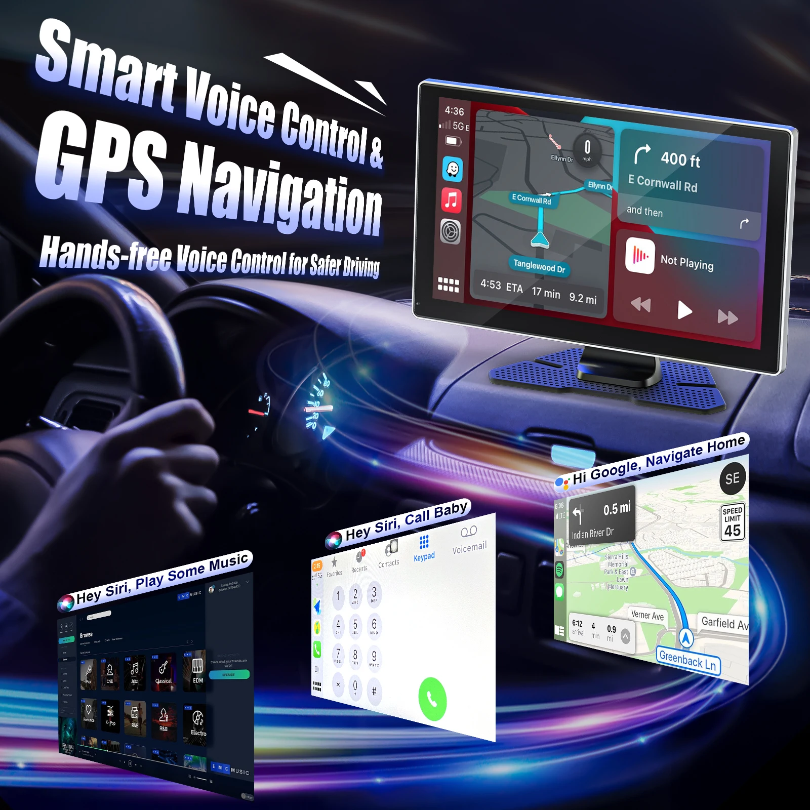 شاشة CarPlay اللاسلكية المحمولة مقاس 9 بوصات للسيارة، ستيريو سيارة CooCom UHD مع شاشة تعمل باللمس مع Apple CarPlay Android Auto، كاميرا داش 4K #5