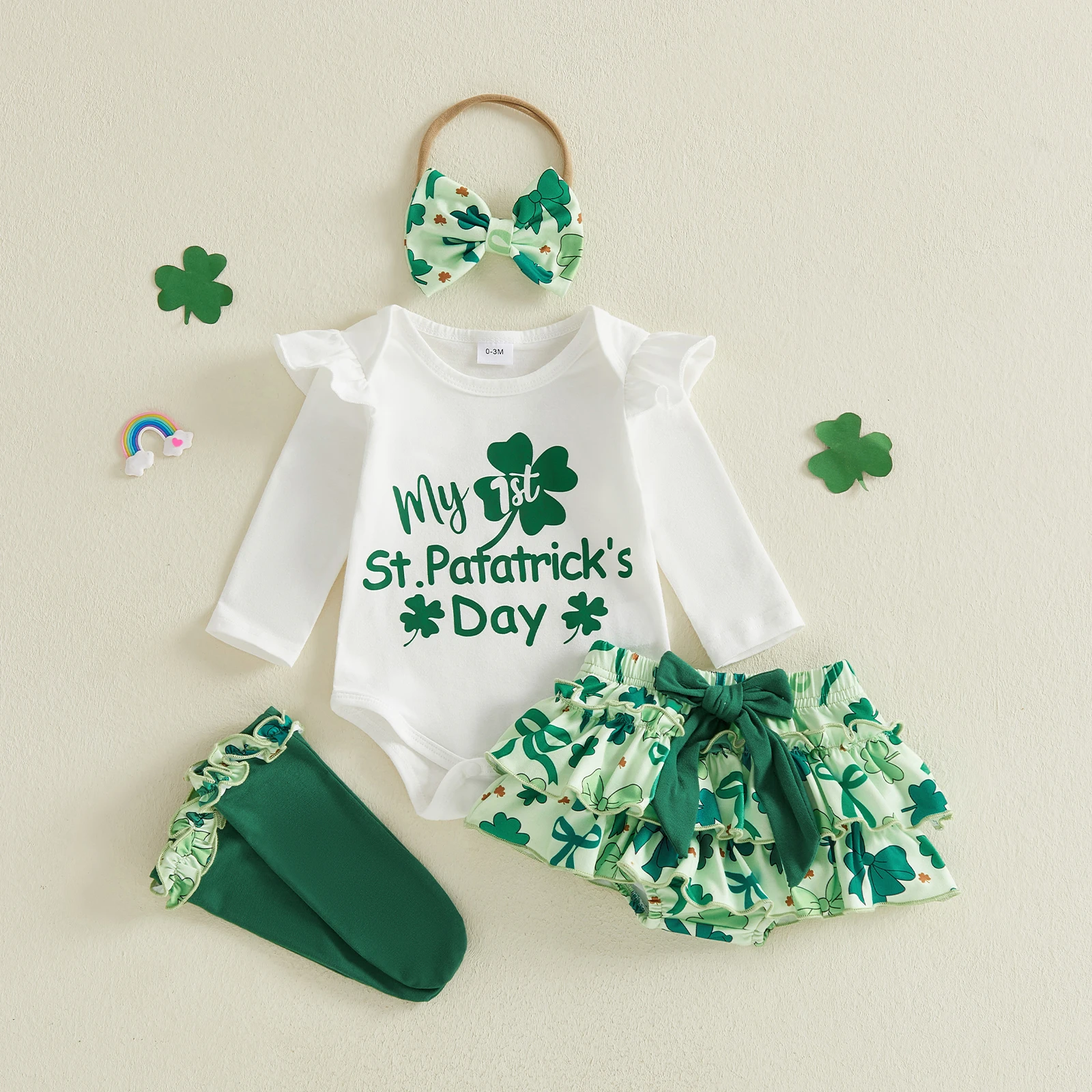 طفل الفتيات عيد القديس باتي الزي كم طويل شامروك طباعة رومبير + شورت + عقال + الجوارب مجموعة ملابس الرضع