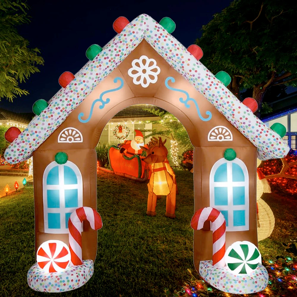 Maison gonflable de pain d'épice de noël avec lumières LED, arc de bonbons gonflable pour cour extérieure, décoration de fête de vacances sur pelouse