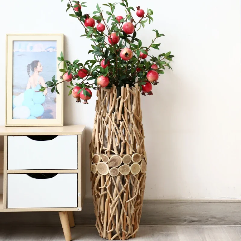 

Floor Stand Vase Ornaments Solid Wood Vase Nordic-style Decoration Vintage Flower Arrangement Vessel Artificial Flowers