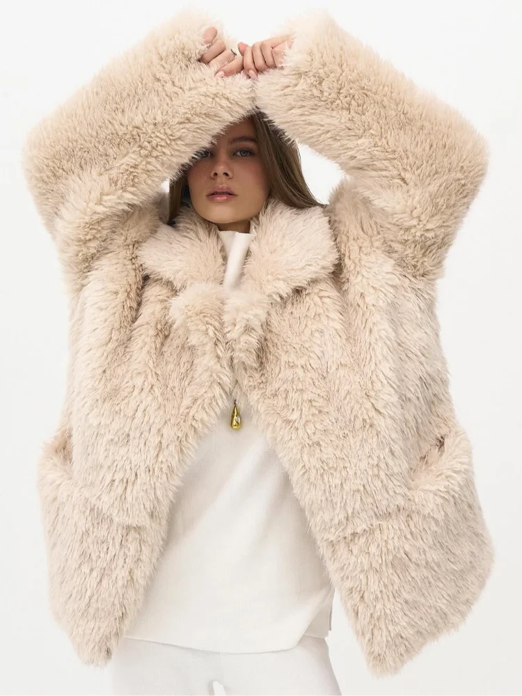 

Роскошное пальто из искусственного меха с лацканами, женское повседневное однотонное пальто с длинными рукавами и карманами, пушистое свободное утепленное пальто, женская зимняя уличная одежда