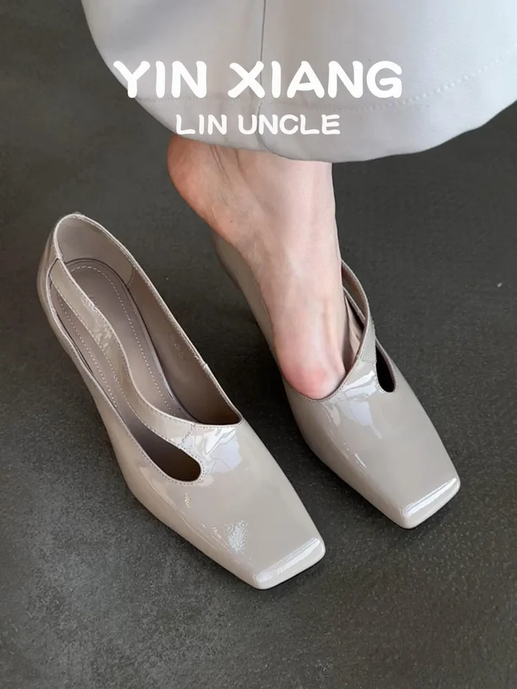 Elegant Leather Mary Jane Shoes Women's Breathable Slip-On High Heels Commute Single Shoes Vintage Style Hollow out Design