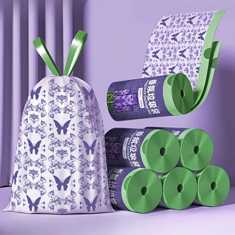 

50 Count Lavender Scented Trash Bags - Thickened Drawstring Kitchen Garbage Bags with Mosquito Repellent, Tear-Resistant