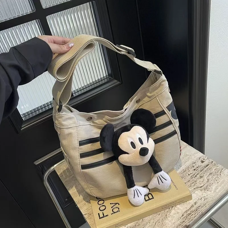 Cute Mickey Doll Canvas Bag for Women 2024 New Large Capacity Student Classroom Commuter Single Shoulder Crossover Tote Bag