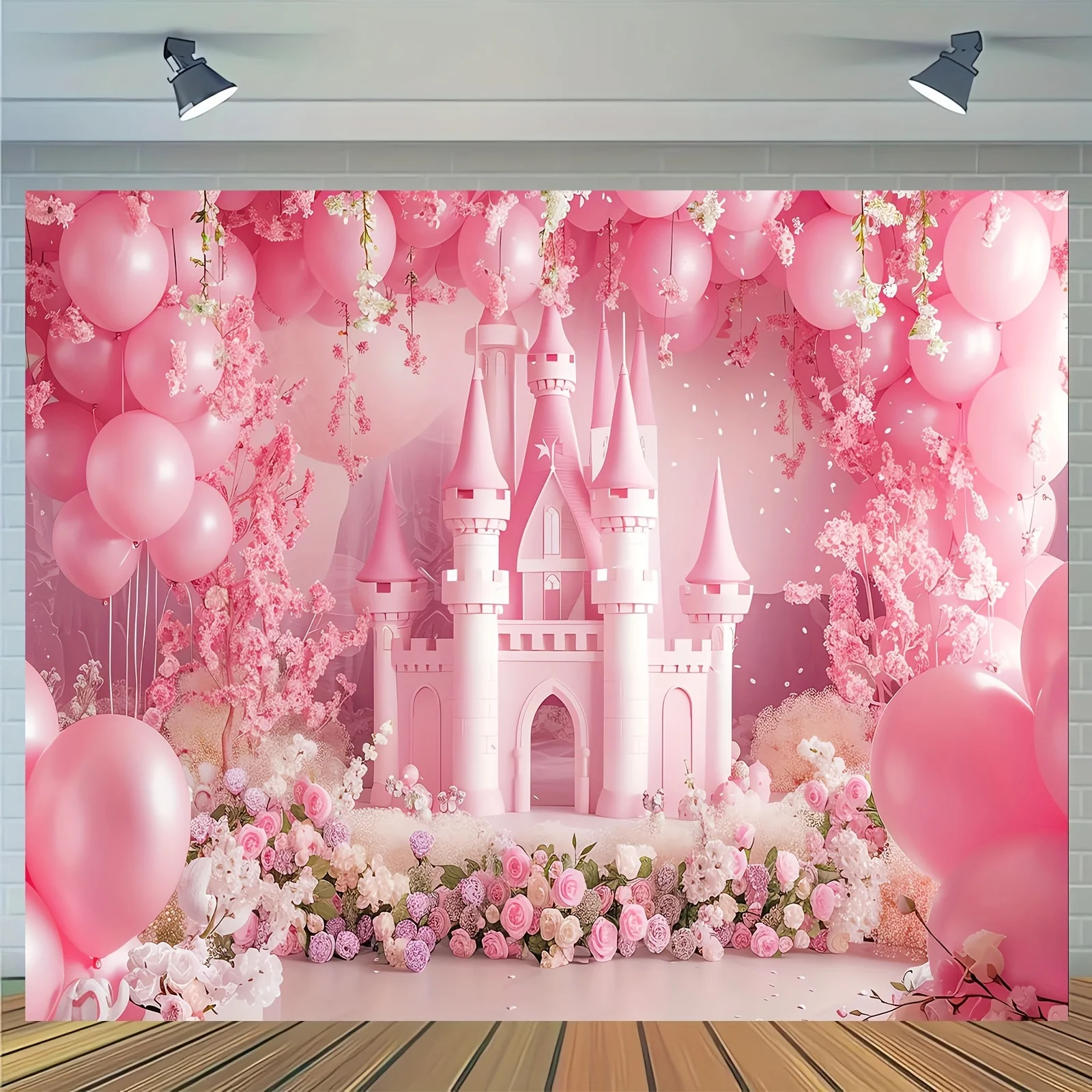 Fond de fête de princesse château rose, fête d\'anniversaire avec ballons arqués et motif floral