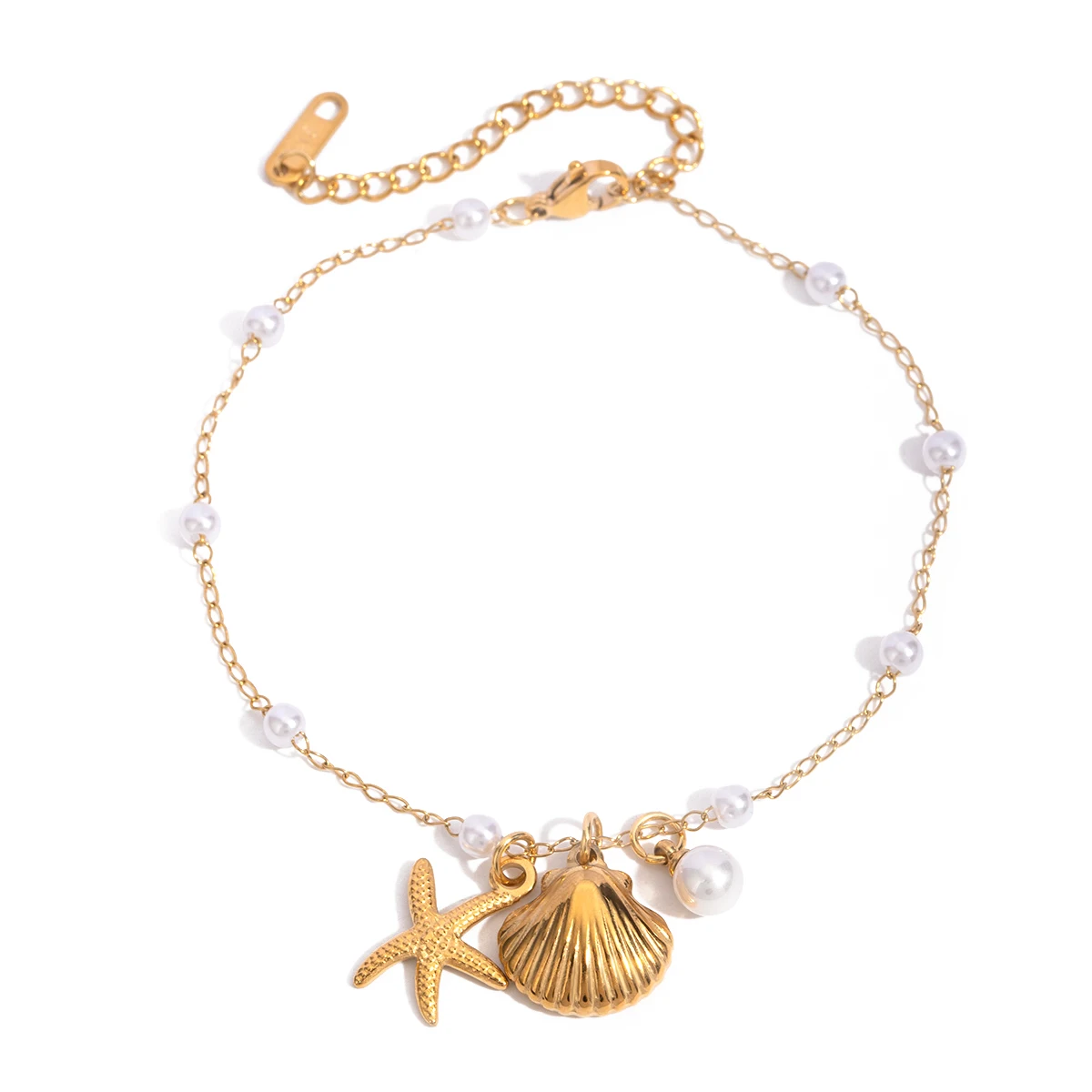 Uworld Waterproof Stainless Steel Shell Starfish Pearl Pendant Anklet 18K Gold Plated Fashion Jewelry for Women Girls