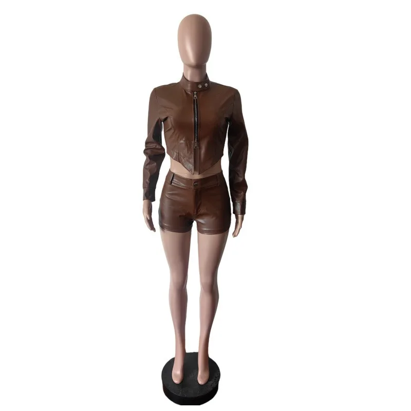 Y2k Fashion Pu Leather 2 Piece Set Women Fall Trending Long Sleeve Cropped Jacket and Bodycon Shorts Matching Streetwear Outfits