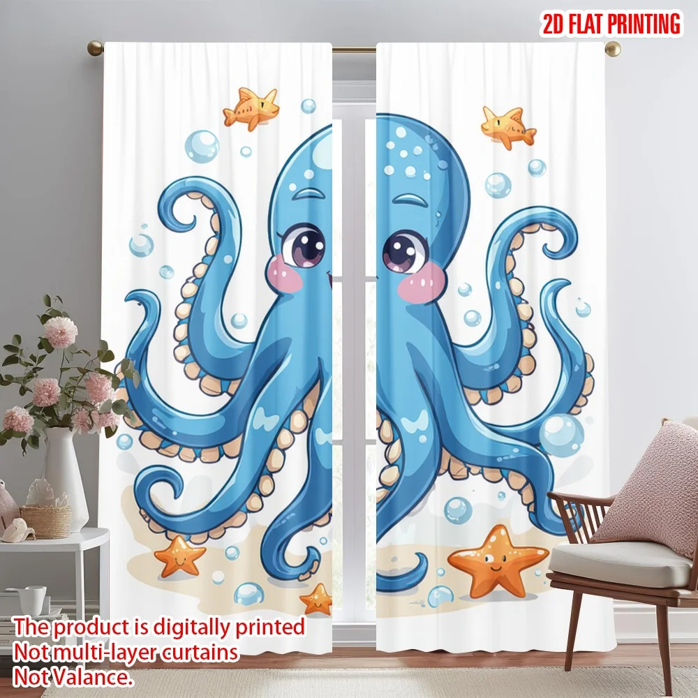 

2D flat printing 2pcs Window Curtains Playful Cartoon Octopus Digital Printed Polyester Drapes Party Decorations for Oversized