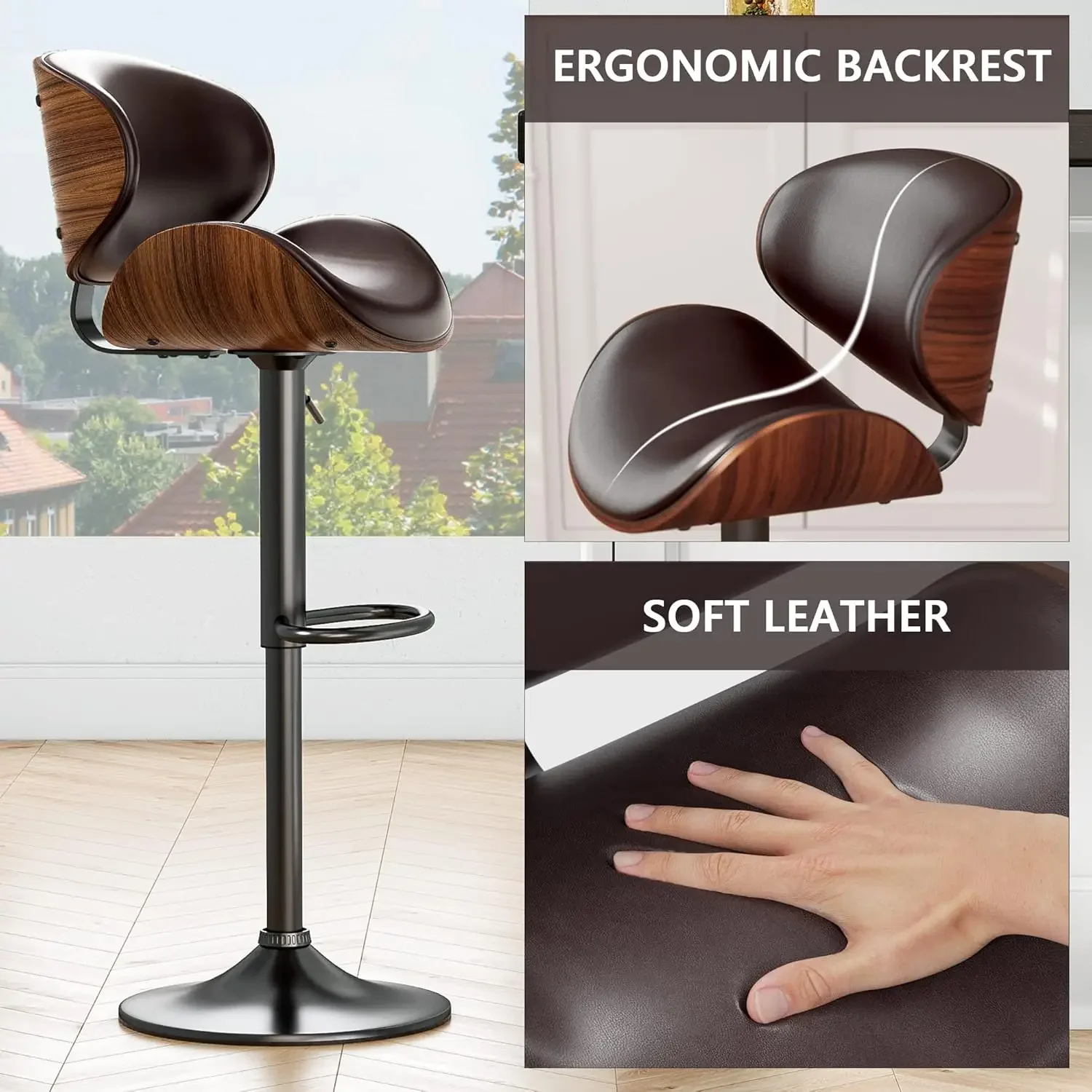 Bar Stools Set of 4, Modern Pu Leather Swivel Adjustable Bar Stool Counter Height Stool Set, Bar Chair with Back and Footrest