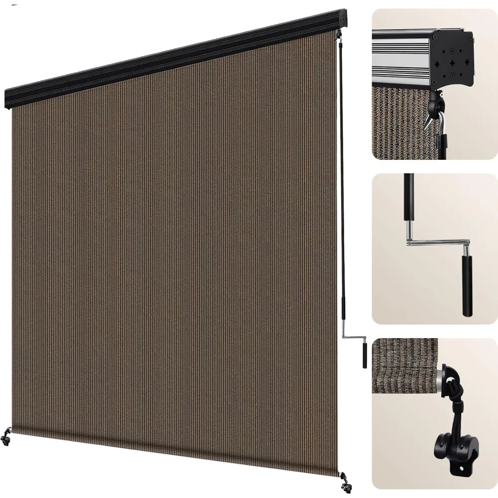 

Outdoor Roller Shade 8' W x 8' H Fabric Blind Mocha Outdoor Roll Up Shade with Aluminum Valance, Wand Operation Exterior Roller