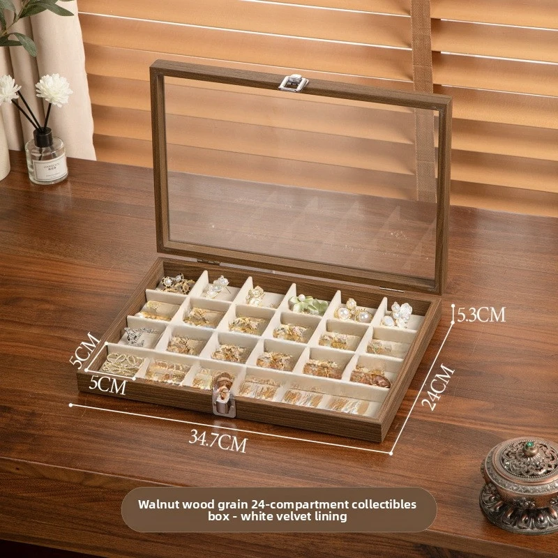 

New High-End Large Capacity Jewelry Storage Box Earring Stud Necklace Display Walnut Wood Jewelry Display Tray Organizer Counter