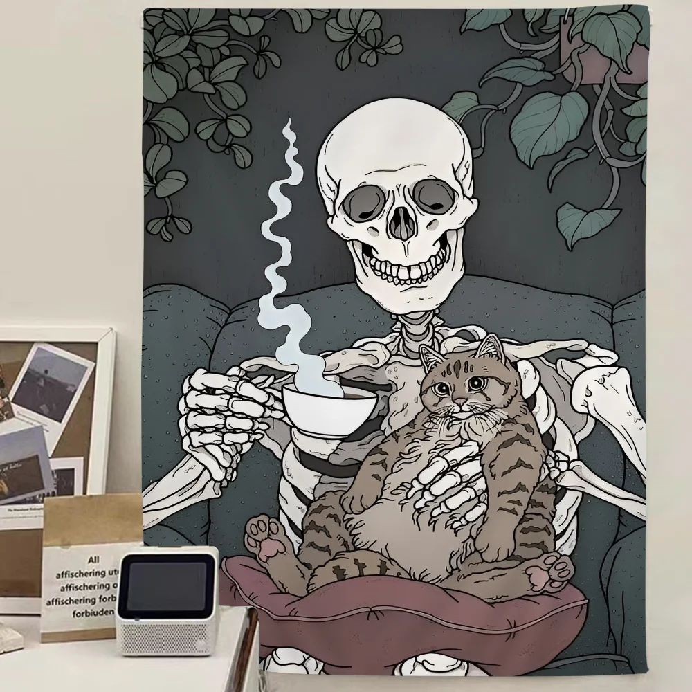 

Cute Cartoon Skull Cat Colorful Tapestry Wall Hanging Hippie Flower Wall Carpets Dorm Decor Japanese Tapestry