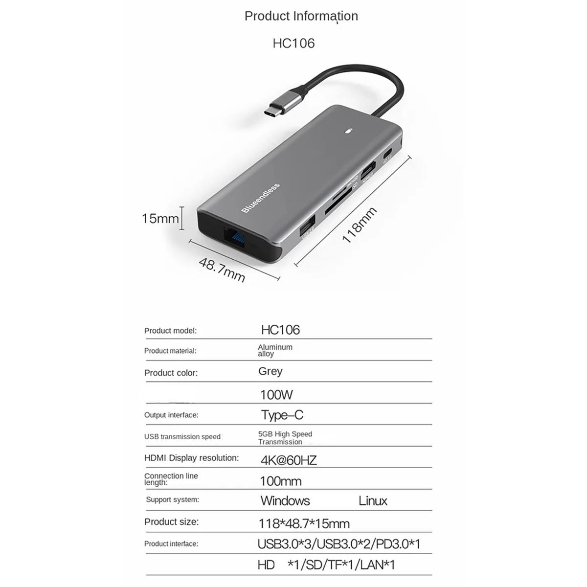 Blueendless Aluminum USB C to 10 in 1 HUB 4k 60hz Type-C HDTV 100w with PD for MacBook Pro Accessories SSD Case