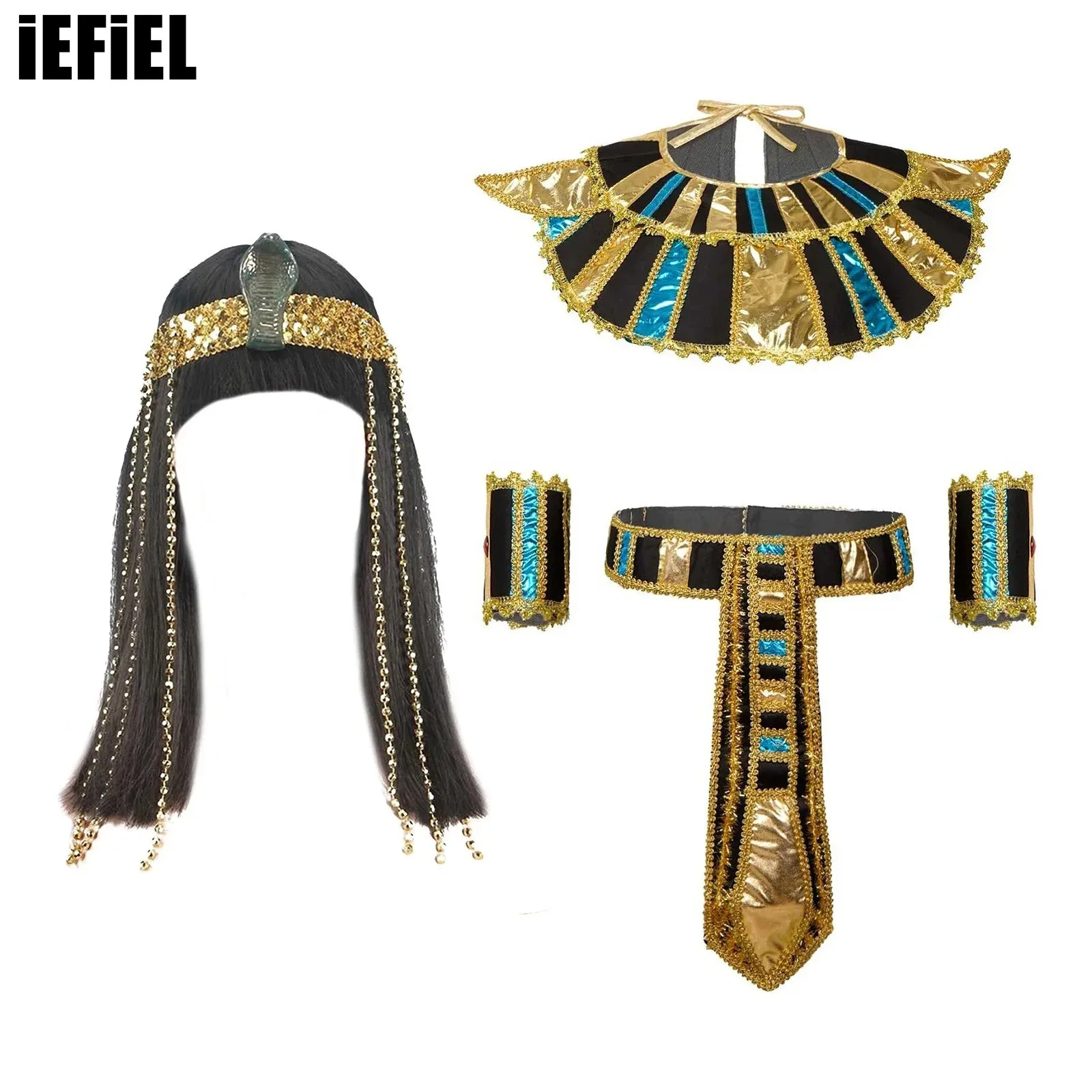 

Egyptian Queen Cosplay Accessory Set Wig And Plastic Beads Fringe Snake Headband Blunt Bangs Straight Hair Wig Neck Collar