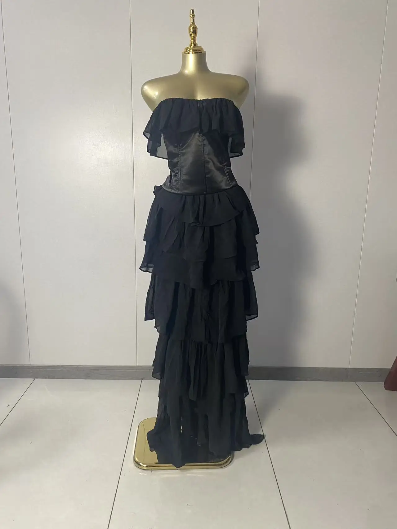 2025 New Women Sexy Strapless Tops Ruffles Mesh Black Maxi Long Two Pieces Dress Set Elegant Evening Club Party Outfits