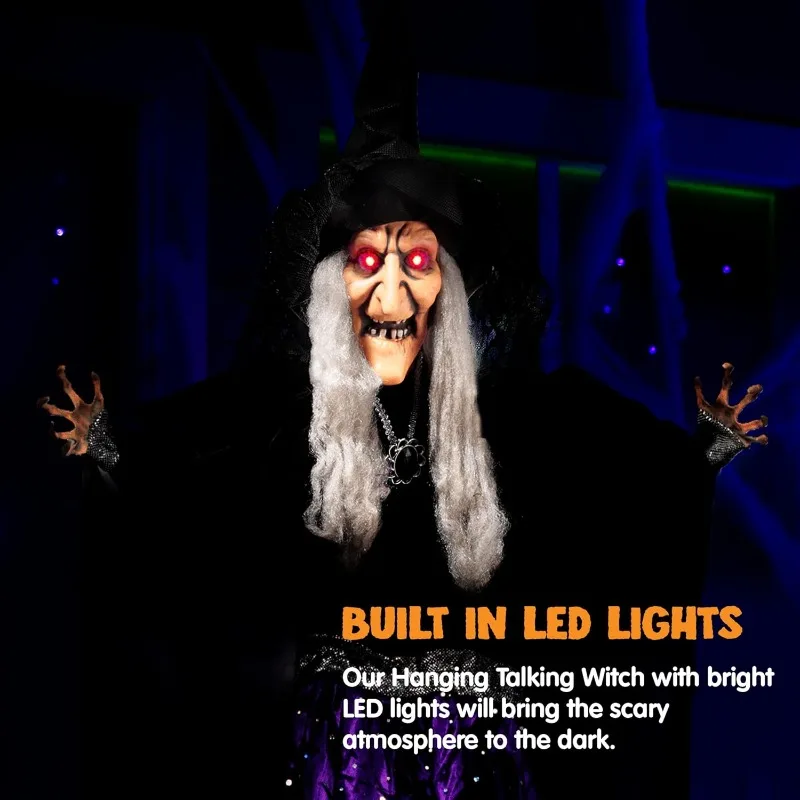 47'' Animated Witch Halloween Decorations Outdoor Indoor Scary Halloween Animatronics Decor, Hanging Ghost Talking Sound Activated Led Lights Eyes Haunted House Yard Garden Lawn view 3