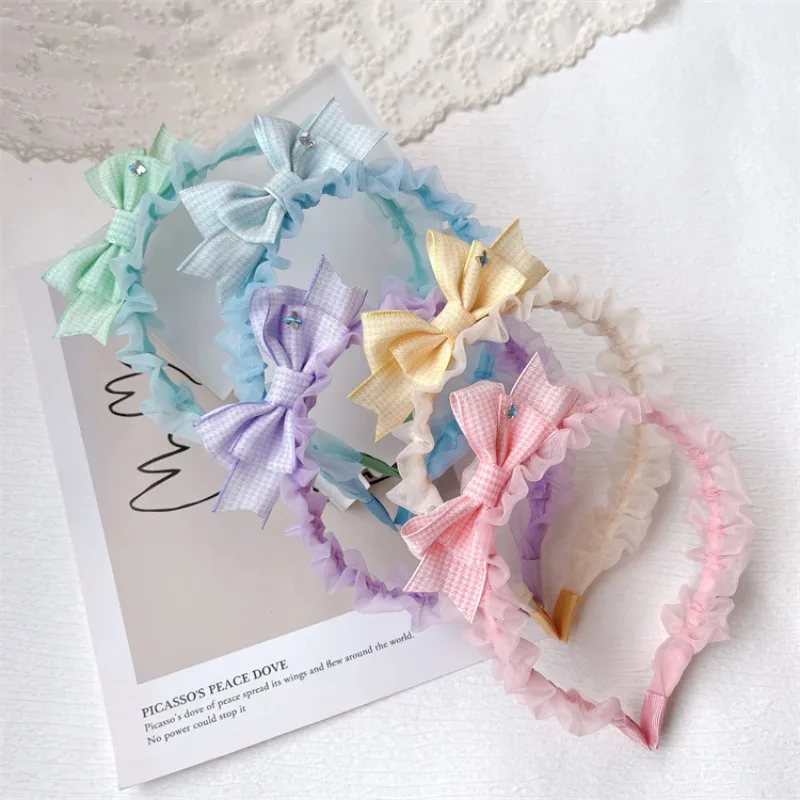 

Плиссированная тюлевая повязка на голову с бантом в клетку для девочек, милый обруч для волос в стиле принцессы, боковые заколки, удобные аксессуары для волос для малышей, на каждый день