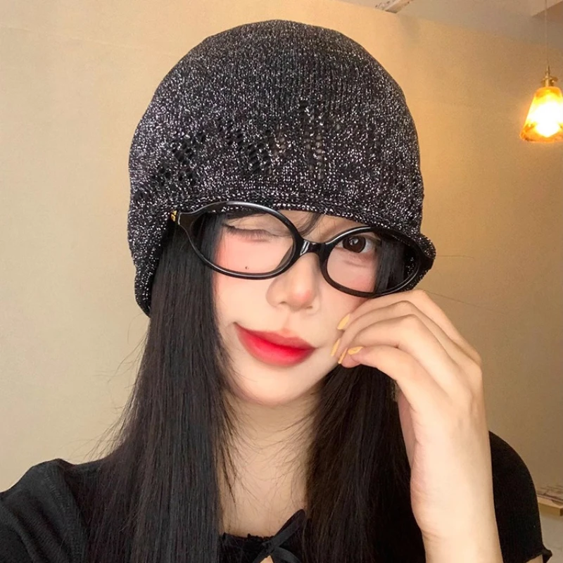 Korean Version Personalized Sequin Fine Flash Knitted Pullover Hat Women's Summer Thin Hollow Breathable Curled Skull Beanie Cap