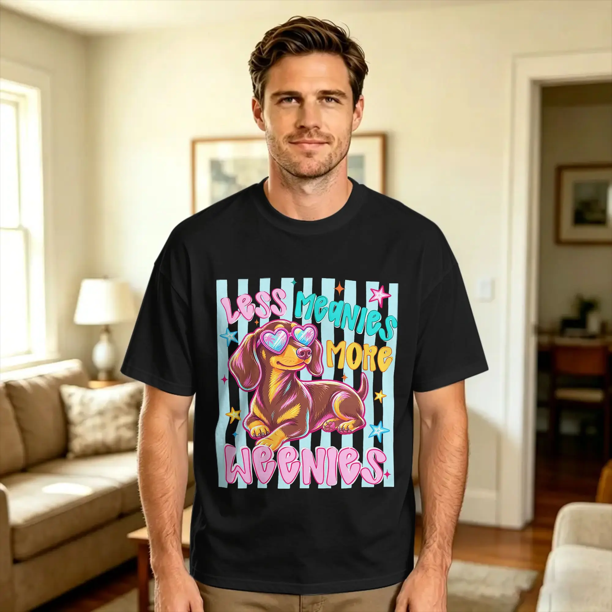 Less Meanies More Weenies Kindness Dachshund Striped T-Shirt Summer  Streetwear T Shirts Cotton Harajuku Tee Shirt For Men Tops