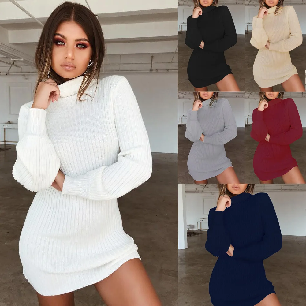 

New Fashion Woman Solid Color Turtleneck Long Sleeve Loose Knitted Sweater Dress Women Casual Winter Slim Mini Sweater Dress