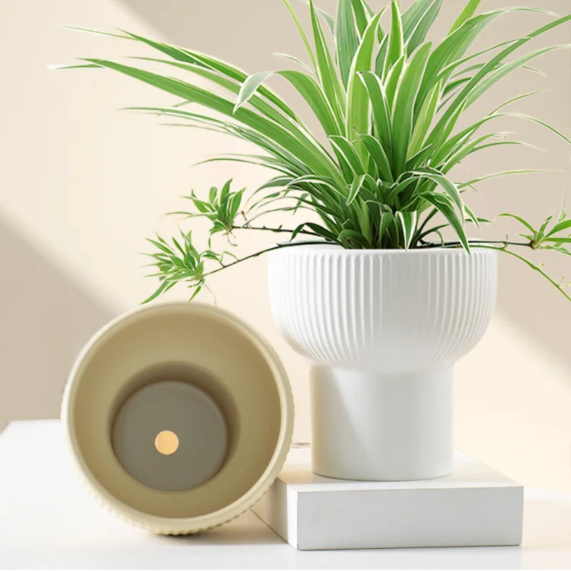 Nordic Ceramics Ins Style Ceramic Flowerpot with High Base and Vertical Pattern for Home Living Room Decoration Flowerpot