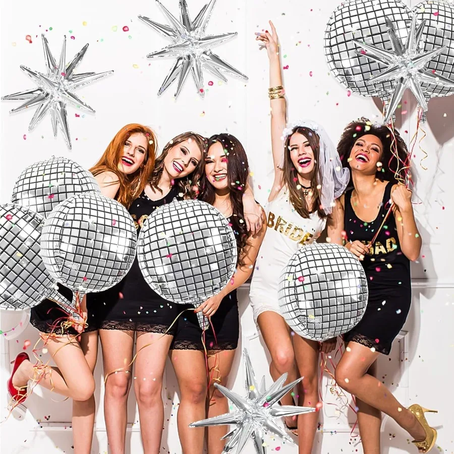 22 بوصة كبيرة 4D لامع الفضة ديسكو بالونات مع نجوم ل 70s ديسكو ديكور حفلات تحت عنوان عيد ميلاد السنة الجديدة عيد الميلاد احتفال