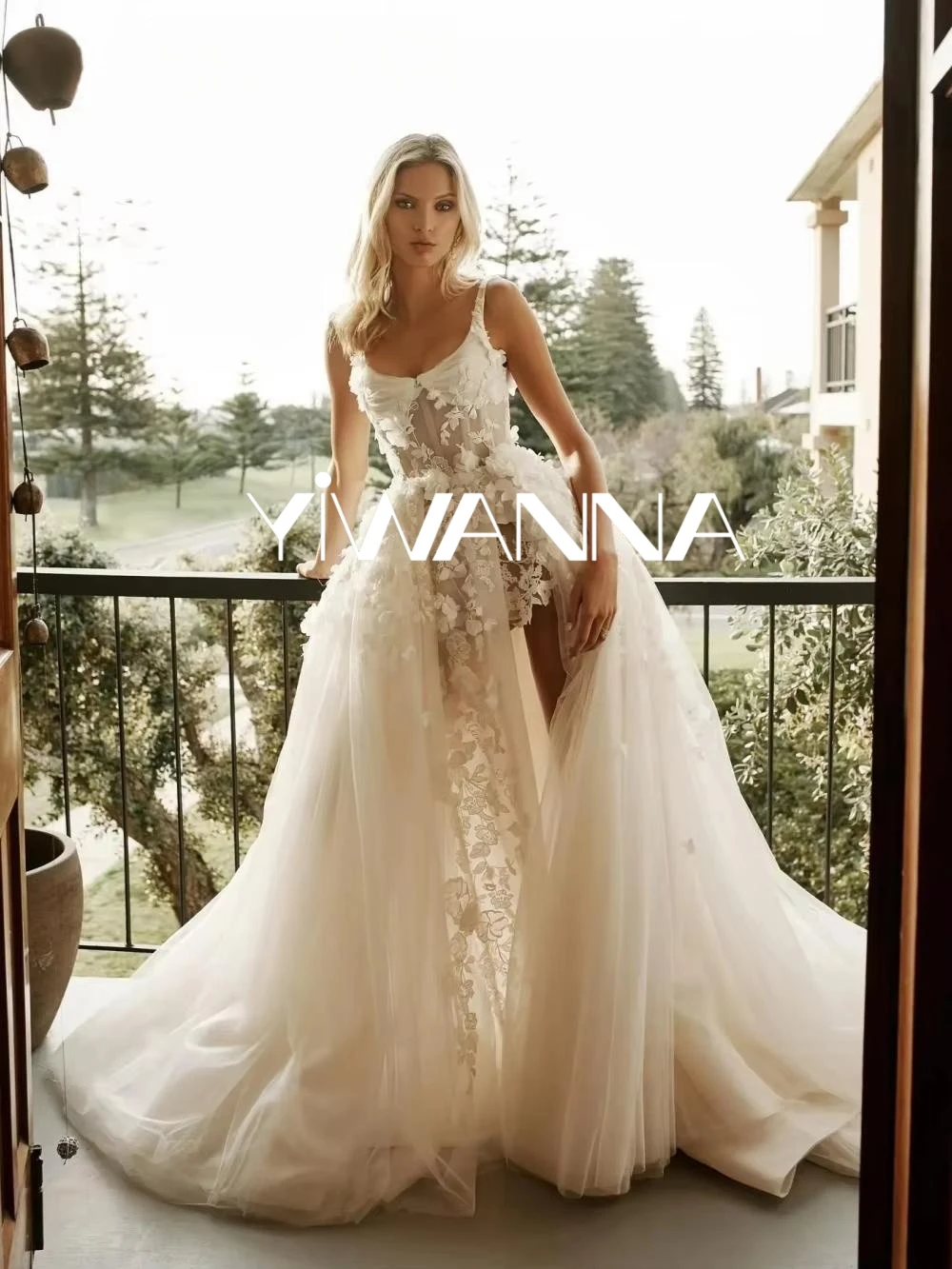 

Exquisite Appliques 3D Flower Wedding Dress Sexy Side High Slit Bride Robe Classic A-line Long Bridal Gown Robe De Mariée