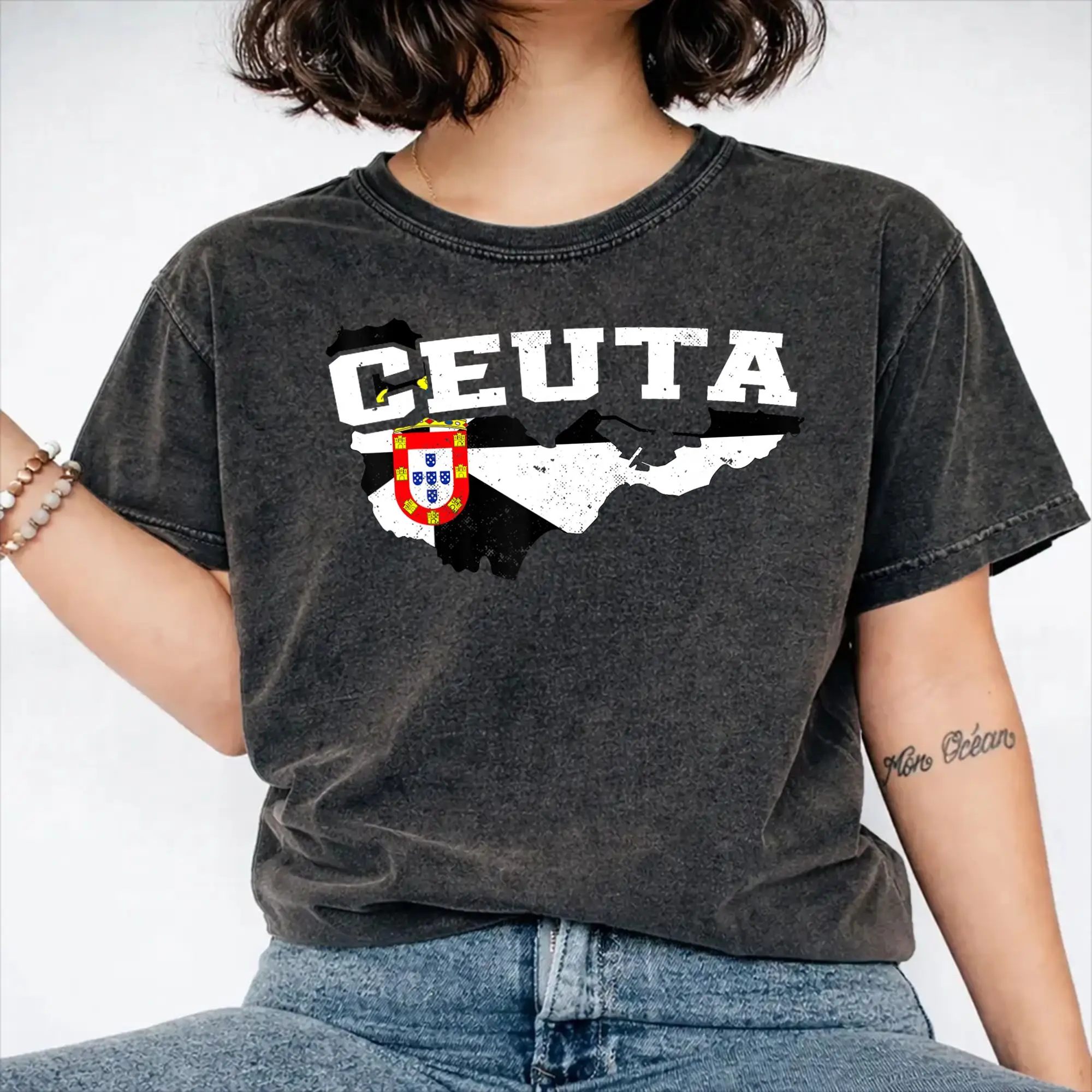 Ceuta Map and Flag Souvenir Ceutan  Apparel Washed T Shirt Men Women Streetwear Hip Hop T-Shirts Graphic Printed  Tee Shirt