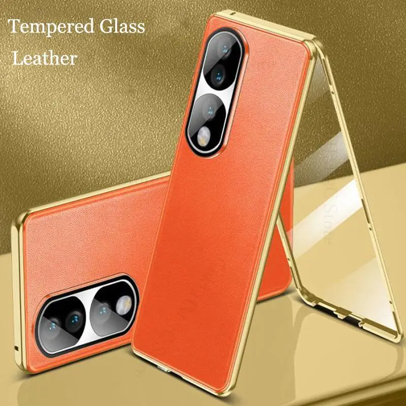 For Honor 90 Pro Tempered Glass Leather Phone Case For Honor 80 Pro Double Sided Magnetic Absorption Flip Cover For Honor 90 80