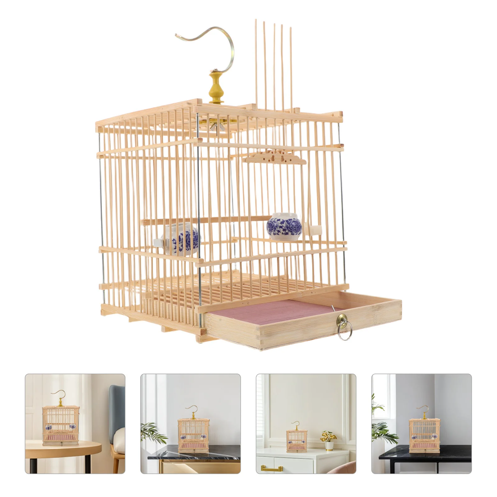 

Rectangular Bamboo Bird Cage Carbonized Purple Elegant Design Removable Tray Hanging Hook Ideal for Small Birds Balcony Garden