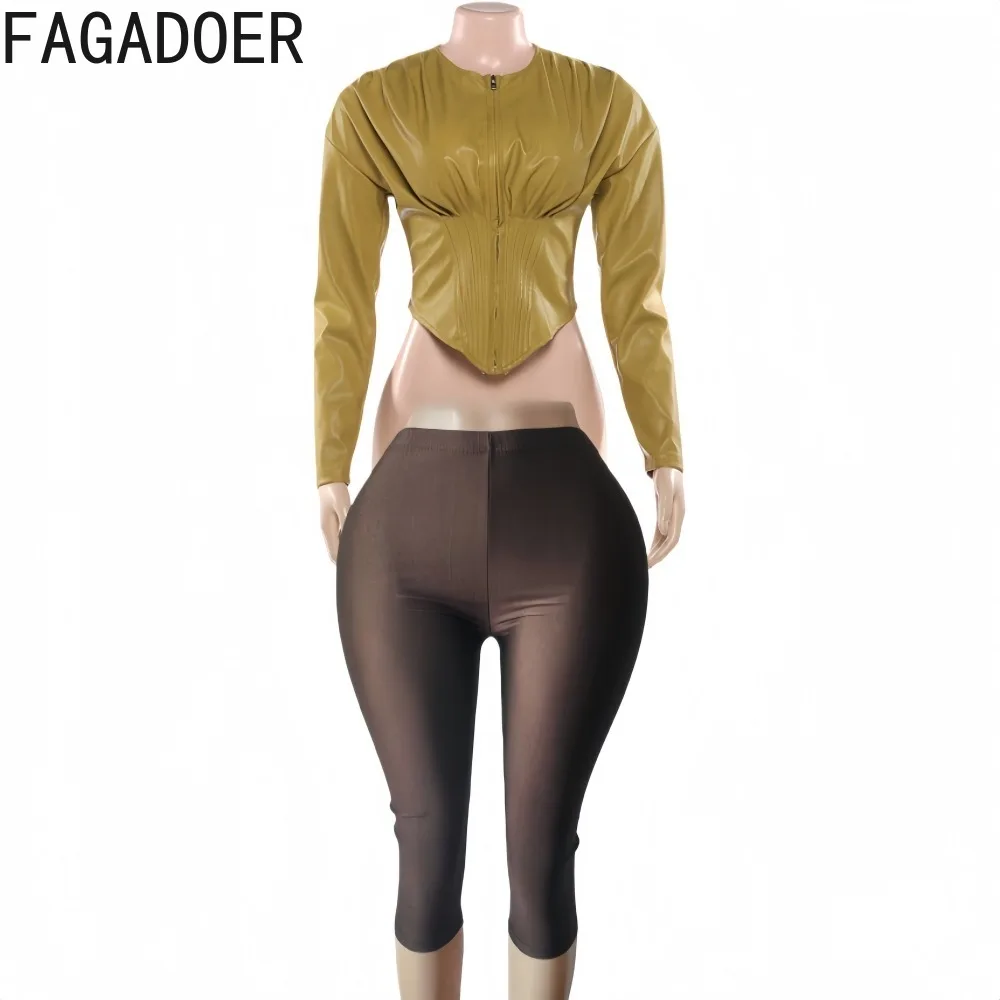 FAGADOER Fashion 2 Pieces Set for Woman Solid Color Leather Patchwork Long Sleeves Crop Top + Pants Matching Female Streetwear - Image 5
