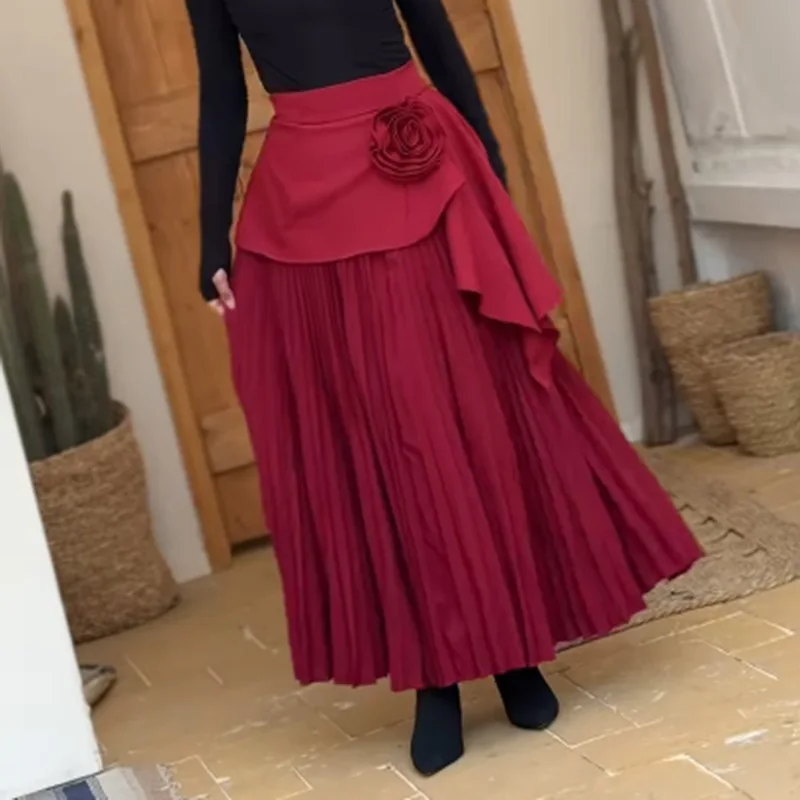 HKSH Letnia Nowa Damska Modna Elegancka Spódnica Trójwymiarowe Kwiaty Łączona Plisowana Asymetryczna Elegancka Modna Luksusowa Spódnica HK8947