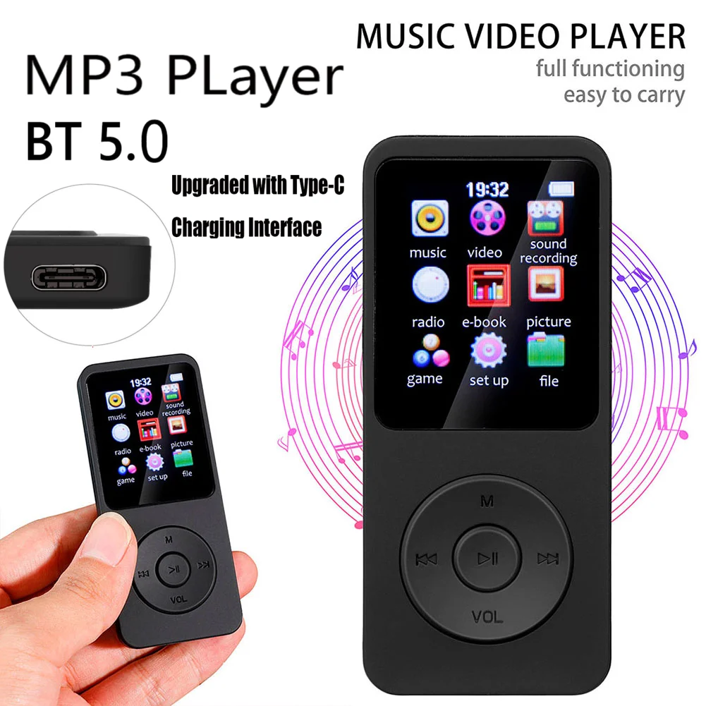 Portable MP3 Player 1.8 Inch Walkmen Type-C Bluetooth 5.0 Compatible E-Books Recording Sports MP4 FM Radio Hifi Music Player