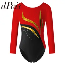Children Gymnastics Jumpsuits Kids Long Sleeve Shiny Rhinestone Ballet Dance Leotards Skating Bodysuit for Girls Dancewear