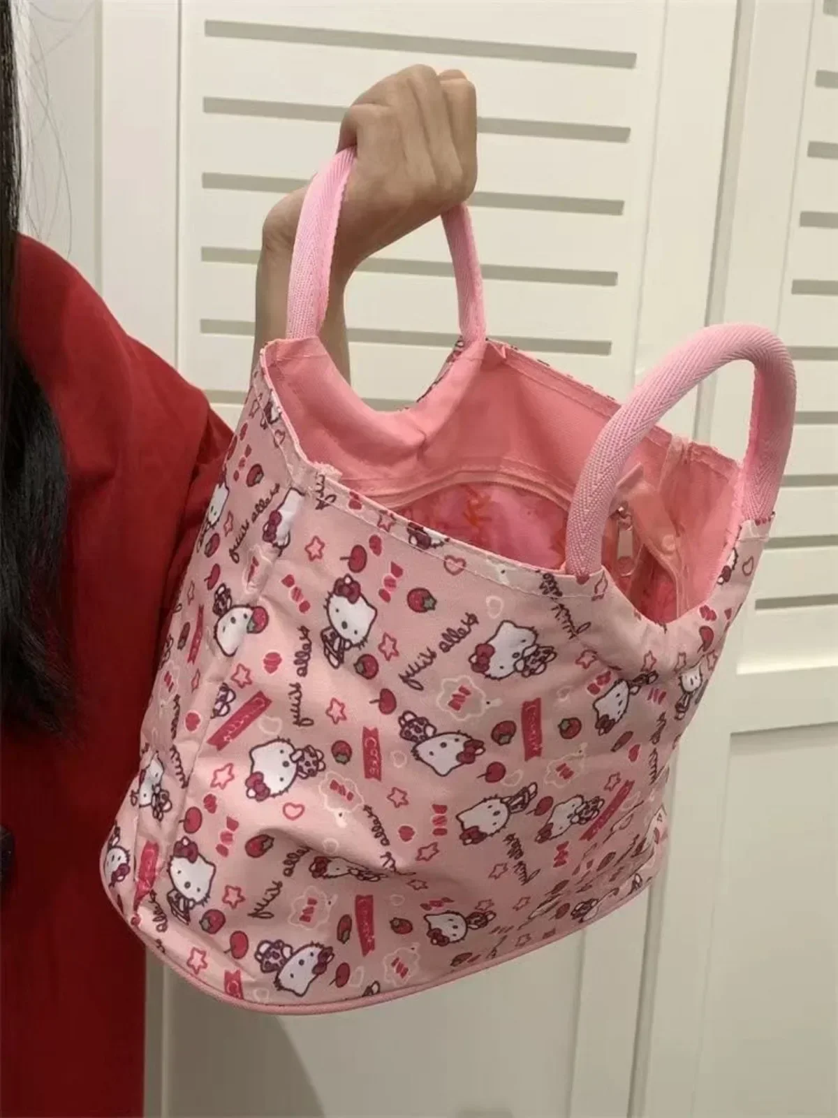 Hello Kitty Tote Bag Miniso Pink Cartoon Print Zipper Portable Shoulder Bag Versatile Large Capacity Travel Makeup Storage Bags