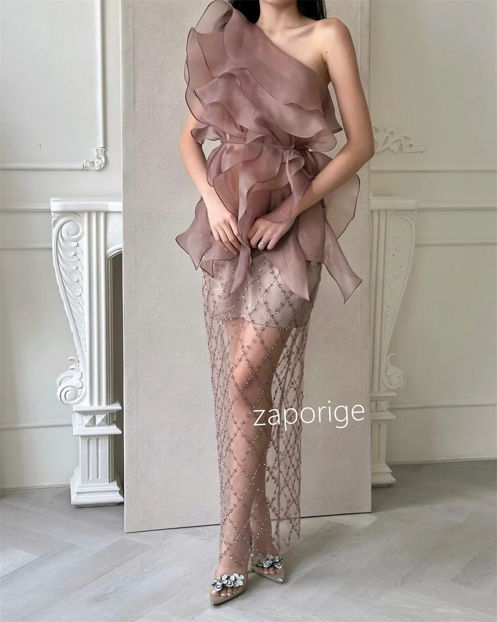 Customized Matching Chiffon Sequined Ruffle Straight One-shoulder Midi Dresses Bespoke Occasion Dresses Exquisite