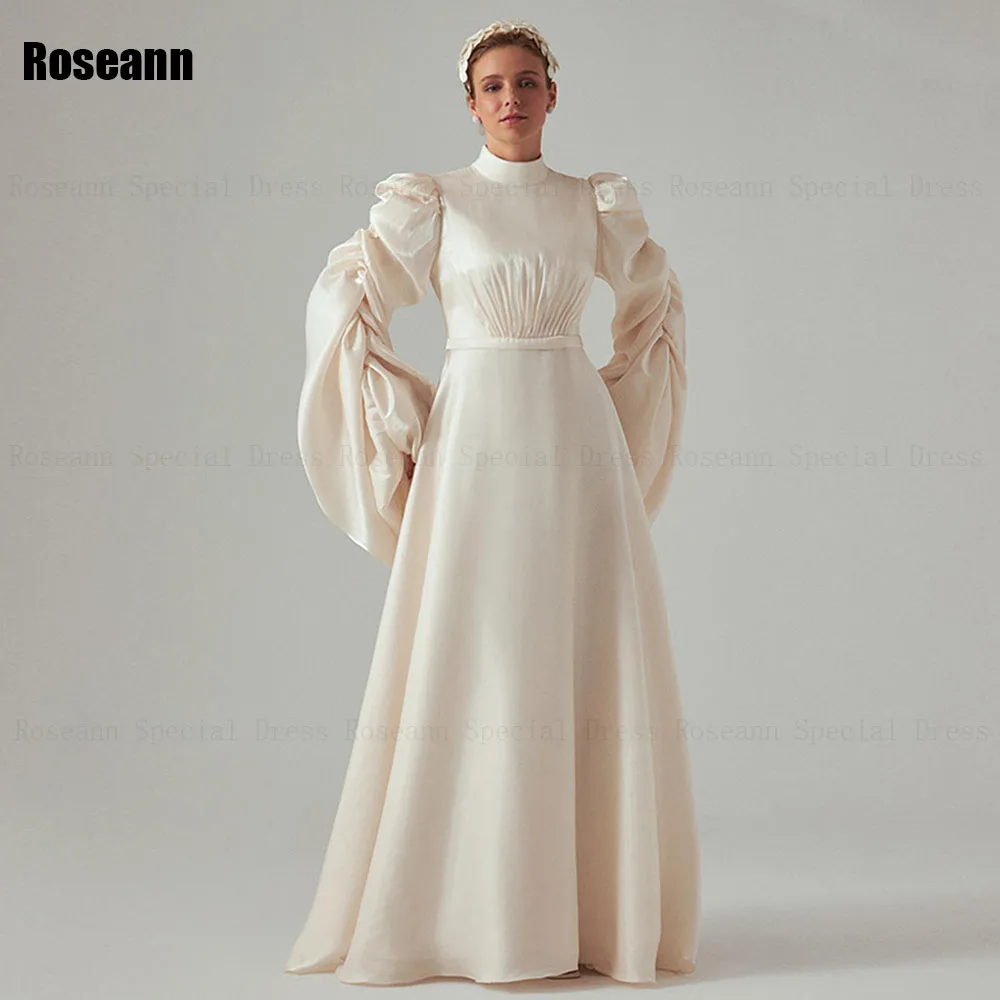 

Muslim Fashion High Collar A-line Ivory Wedding Dresses Draped Pleat Puff Sleeve Ruffle Bride Gown Floor Length robe de mariée