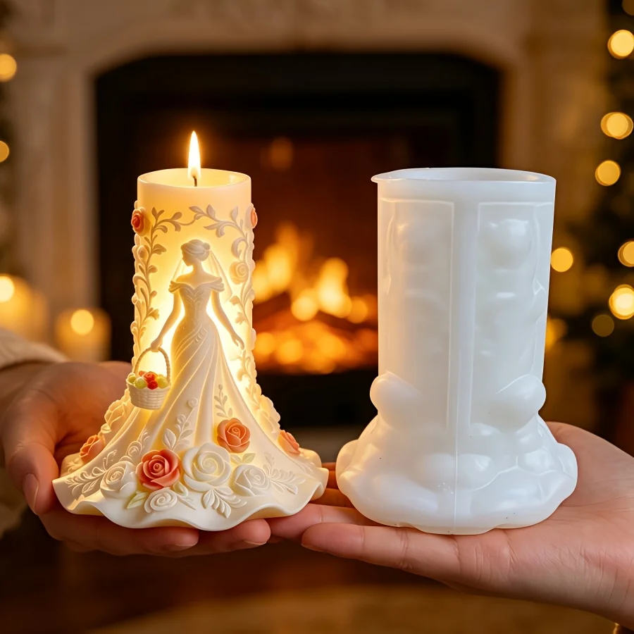 Flower Basket Wedding Goddess Rose Vine Relief Candle Resin Silicone Mold Retro Elegant Goddess Long Dress Statue Gypsum Molds
