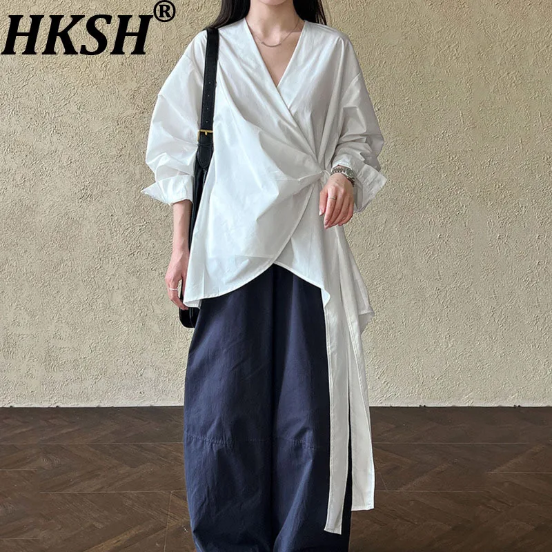 

HKSH Весенне-Осенняя новая женская рубашка с v-образным вырезом и длинным рукавом на талии, плиссированная однотонная элегантная корейская повседневная блузка HK12406