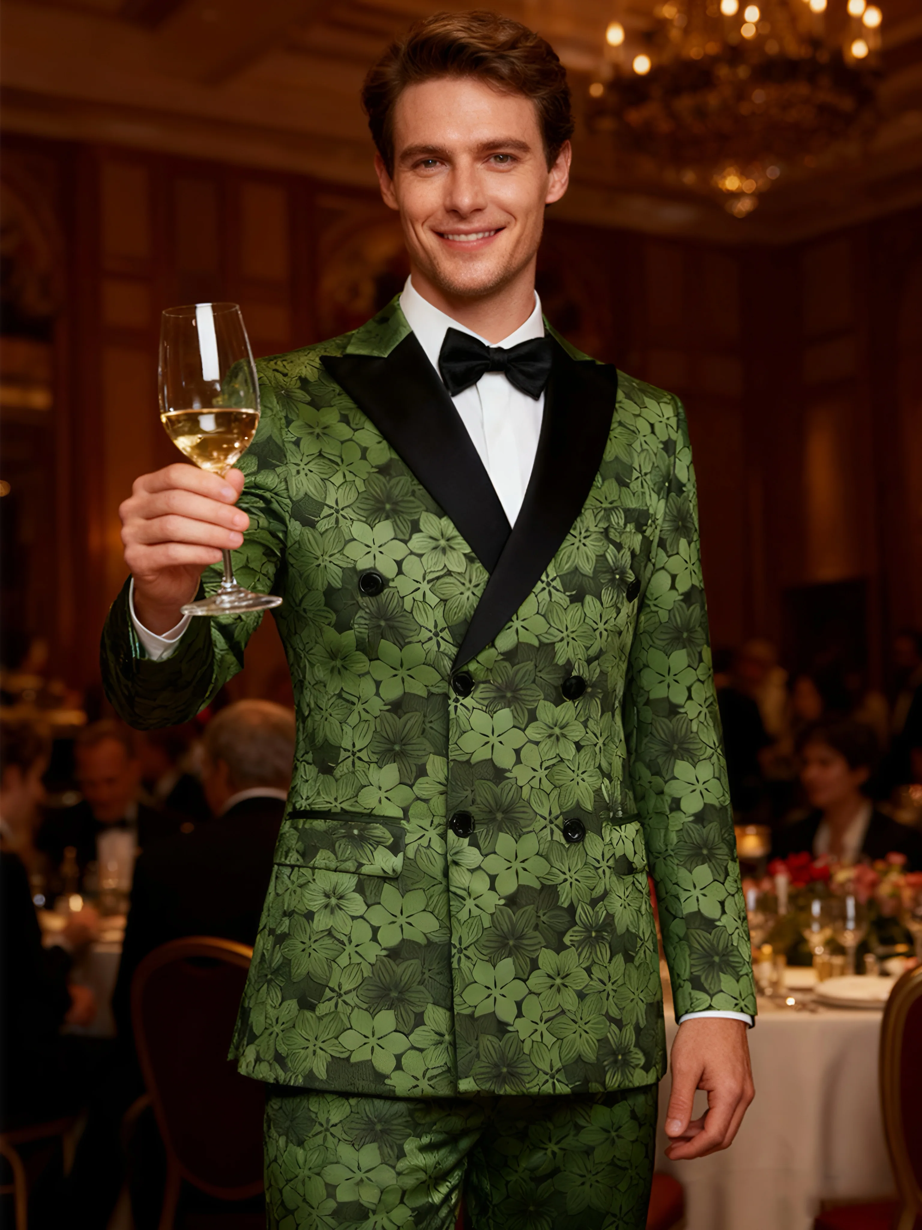 

Men's top and pants jacquard two-piece set slim fit double breasted suit jacket long pants set casual wedding casual business