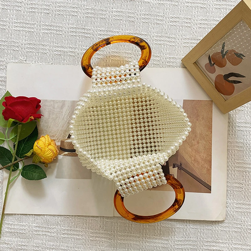 حقيبة يد من الخيزران ذات حلقة مزدوجة مصنوعة يدويًا من نسيج اللؤلؤ المقلد وحقيبة حفلات العشاء