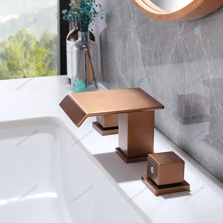 

Brushed Rose gold Brass Bathroom sink faucet Waterfall Copper Three Holes Two Handles Basin mixer Tap High Quality Bath faucet