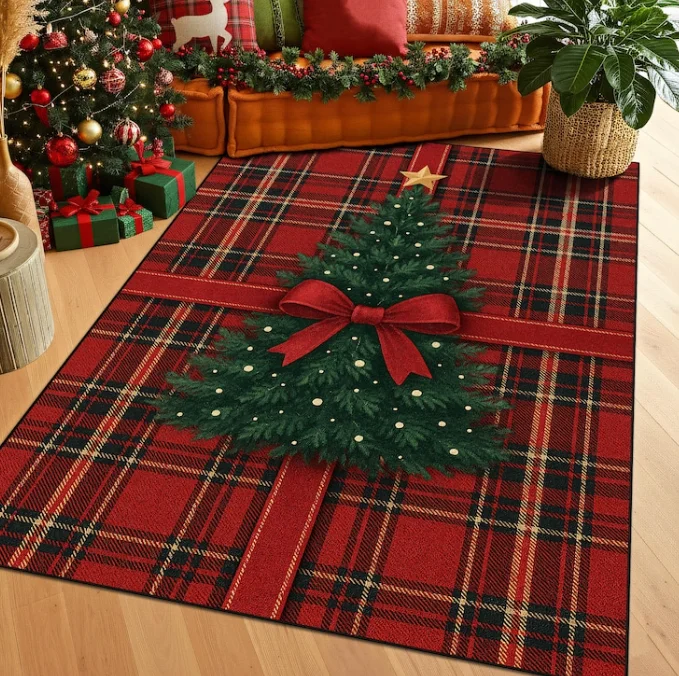Plaid Christmas Tree Rug, Festive Red Tartan Carpet with Bow and Star, Cozy Holiday Cabin Decor for Winter Living Room