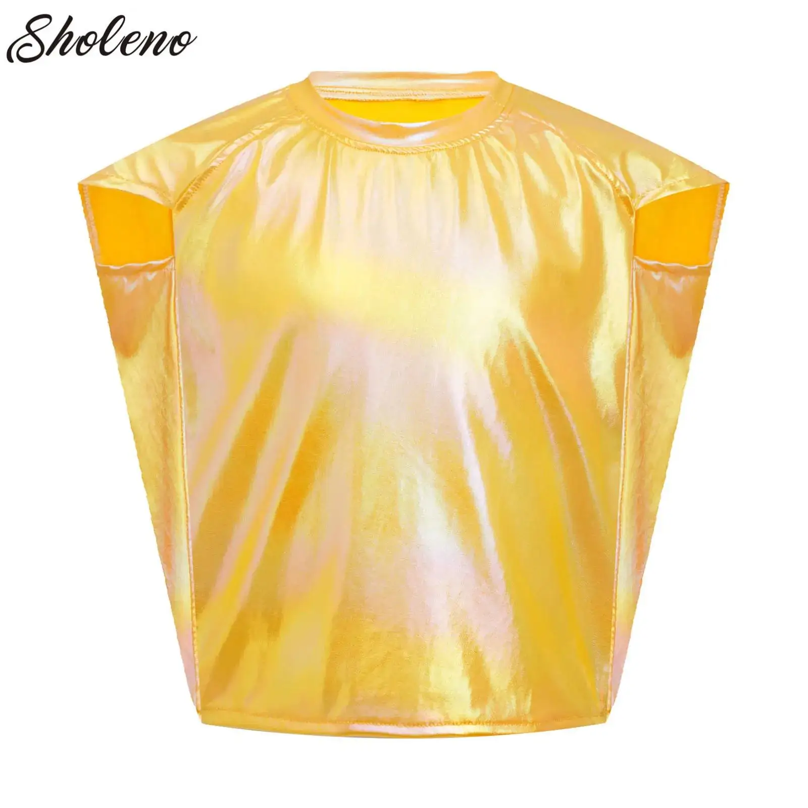 

Kids Girls Boys Jazz Dance Tops Metallic Shiny Modern Jazz Hip Hop Party Stage Performance Top Dancewear Cap Sleeve T Shirt