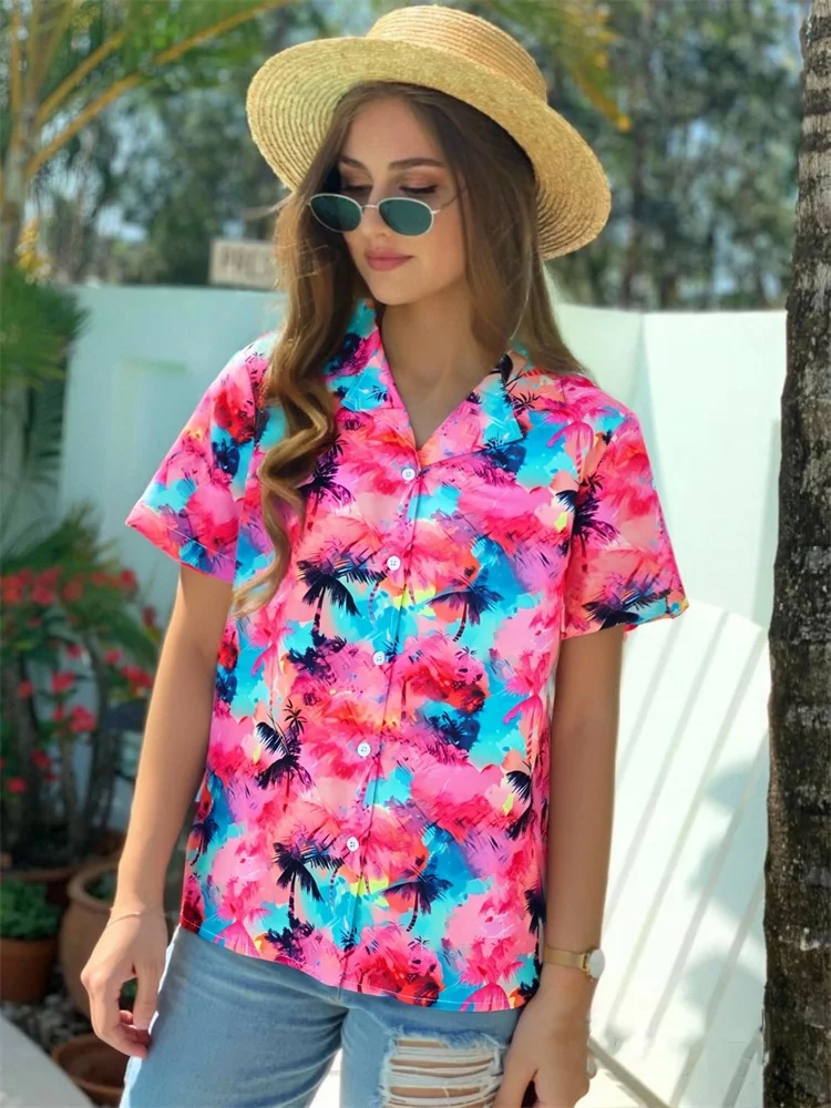 A nova camisa feminina de manga curta 2025 com estampas de pôr do sol e palmeira é uma férias de verão elegantes e casuais